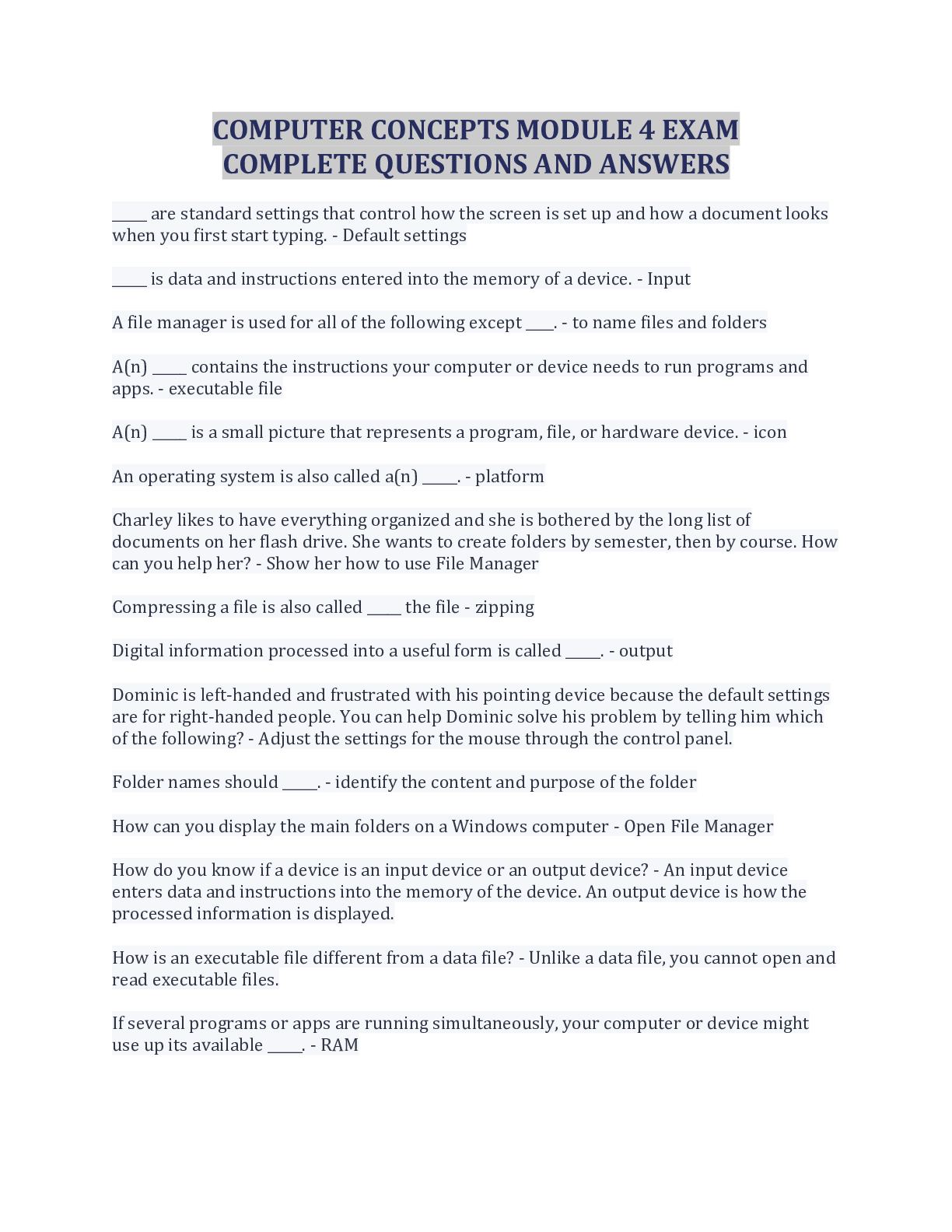 COMPUTER CONCEPTS MODULE 4 EXAM COMPLETE QUESTIONS AND ANSWERS Browsegrades